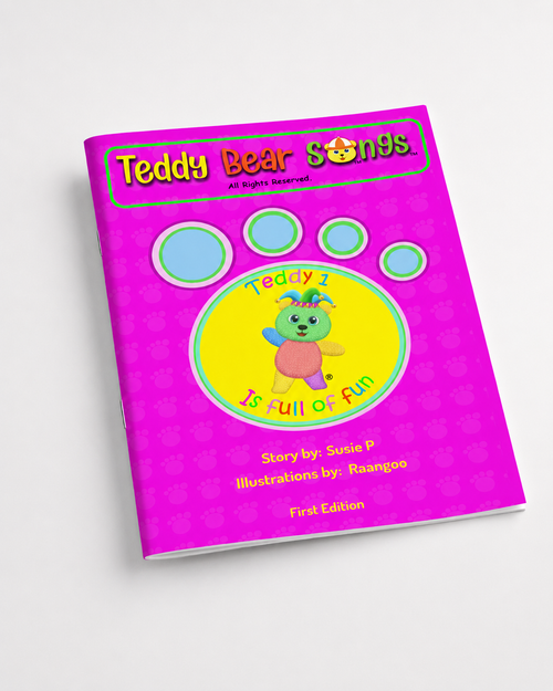A children's song book titled 'Teddy Bear Songs' shown at an angle on a light gray background. The cover is bright pink with a large yellow circle in the center, blue paw-print outlines, and a cartoon teddy bear wearing a party hat.